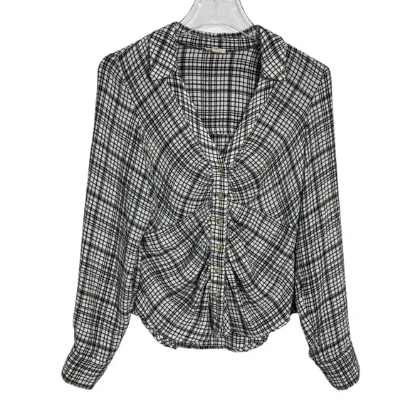 Anthropologie Pilcro The Keaton Ruched Collared Blouse Top Black White Size XS - Picture 2 of 8